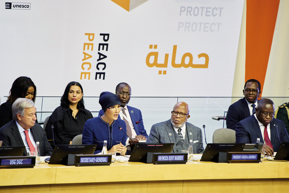 Chairperson of Education Above All Foundation H H Sheikha Moza bint Nasser addresses an event held at UN headquarters in New York. UN Secretary-General H E António Guterres and other high-level officials also attended the event. PIC: Aisha Al Musallam