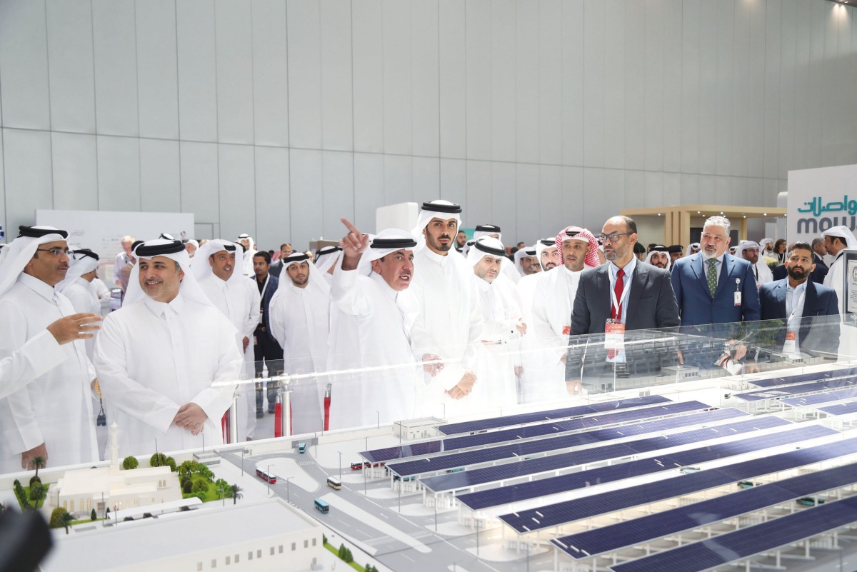 Minister of Interior and Commander of Internal Security Force (Lekhwiya) H E Sheikh Khalifa bin Hamad bin Khalifa Al Thani, Minister of Transport H E Jassim Saif Ahmed Al Sulaiti, Minister of Municipality H E Dr. Abdulla bin Abdulaziz bin Turki Al Subaie and other officials touring the exhibition. 