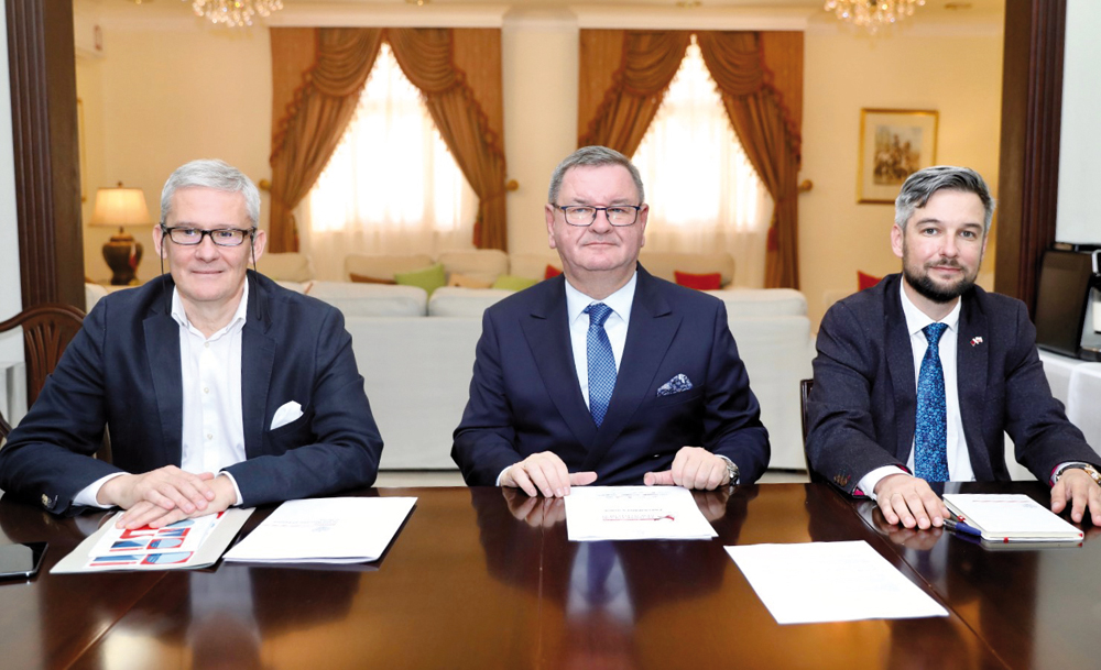 The Ambassador of the Republic of Poland to Qatar, H E Janusz Janke (centre); Minister Counsellor, Embassy of the Republic of Poland in Doha, Grzegorz Gawin (left); and Chairman of the Qatar-Poland Business Council, Pawel Kulaga during the press conference. Pic: Ahmed Barakat