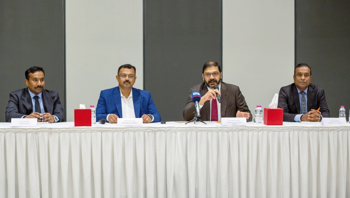 Dr. Sameer Moopan, Chairman and Managing Director (second right); Senil Jaffer, Director and Co-Founder (first right); Nikhil Joseph, Chief Operating Officer (second left) and Dr. Jacob Neil, medical doctor (first left) during Wellkins’ press conference at Crowne Plaza, yesterday.