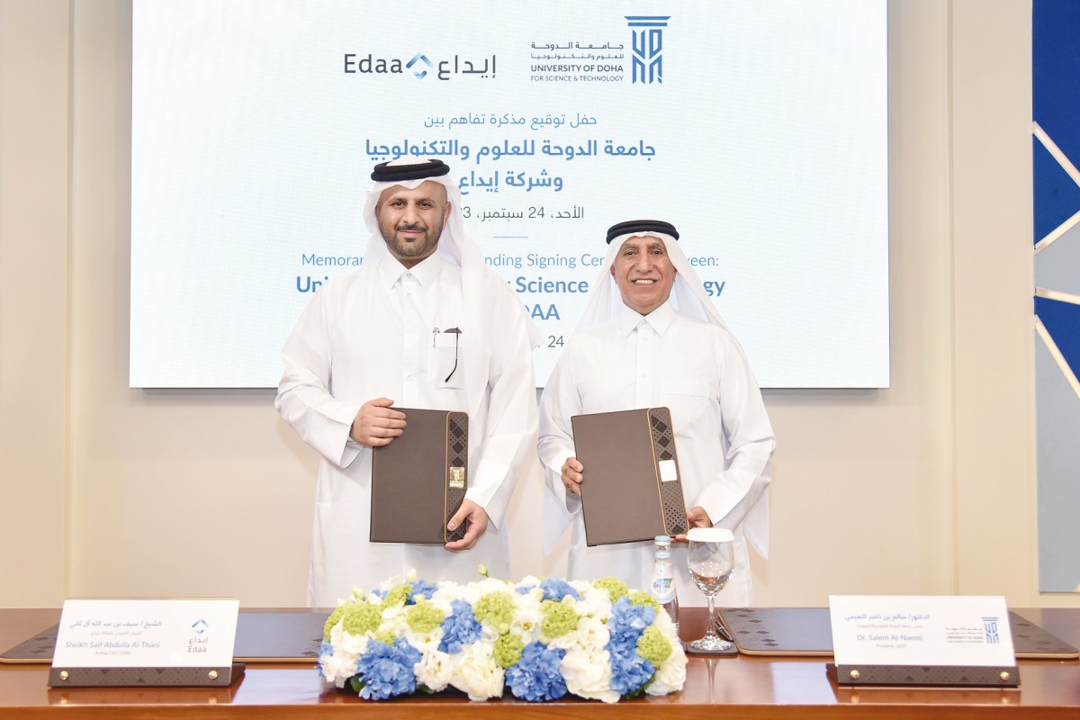 UDST President Dr. Salem Al Naemi (right)  and CEO of Edaa Sheikh Saif Abdulla Al Thani during the signing ceremony.