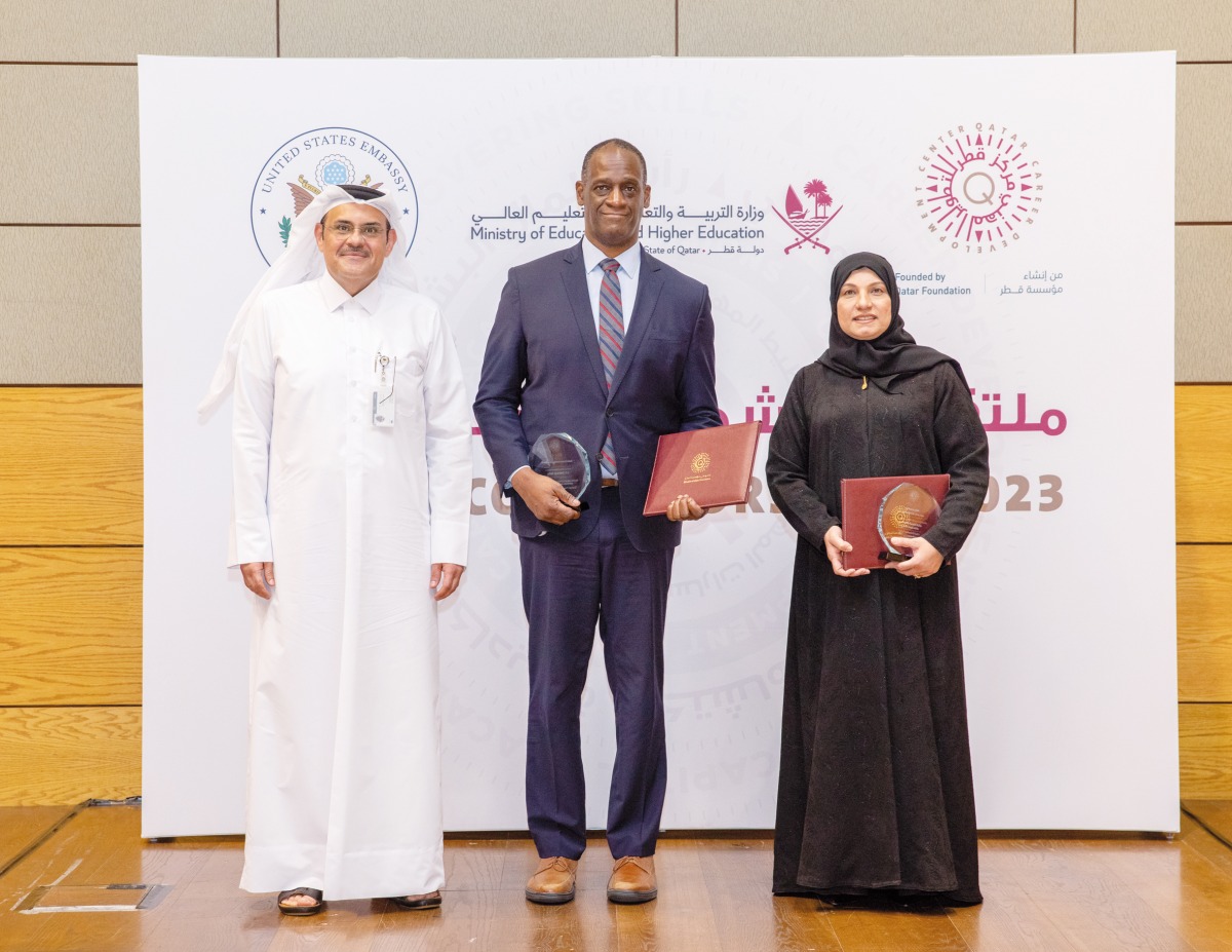 United States Ambassador to Qatar H E Timmy Davis (centre) with Director of Education Supervision Department at MoEHE Maryam Noman Al Emadi (right) and Director of QCDC Abdulla Al Mansoori at the event yesterday.