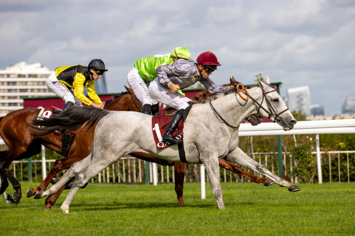 Christophe Soumillon guides Afjan to win the Gr.1 (PA) Qatar Arabian Trophy Des Poulains.