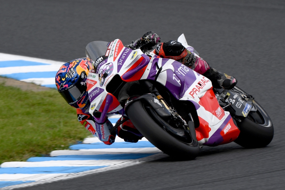 Prima Pramac Racing rider Jorge Martin of Spain rides his motorcycle during a free practice session of the Japanese MotoGP Grand Prix at the Mobility Resort Motegi in Motegi, Tochigi prefecture on September 30, 2023. Photo by Toshifumi KITAMURA / AFP