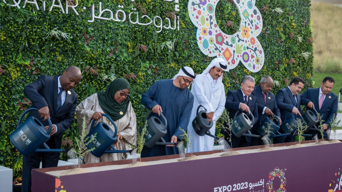 The Amir HH Sheikh Tamim bin Hamad Al Thani with other world leaders and officials during the opening ceremony of the Expo 2023 Doha theatrical presentation themed 'Green Desert, Better Environment' at the exhibition site in Al Bidda Park on October 2, 2023. 