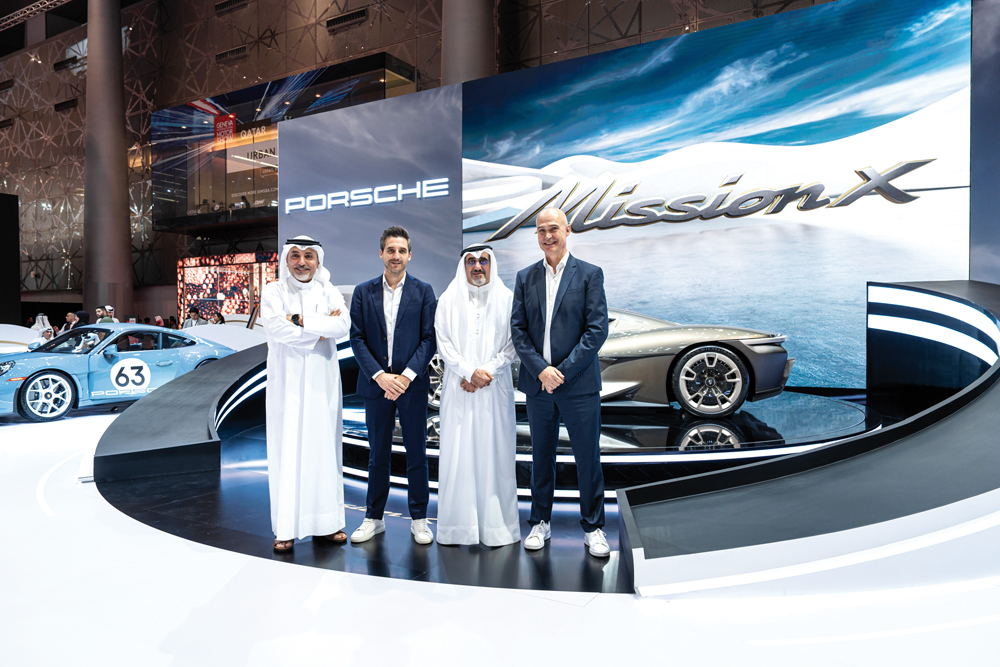 FROM LEFT: Ahed Dawood, Brand Manager Porsche Centre Doha, Markus Peter, Marketing Director Porsche Middle East and Africa, Salman Jassem Al Darwish, CEO Porsche Centre Doha, Dr Manfred Braeunl, CEO Porsche Middle East and Africa during the launch at GIMS Qatar on Friday.