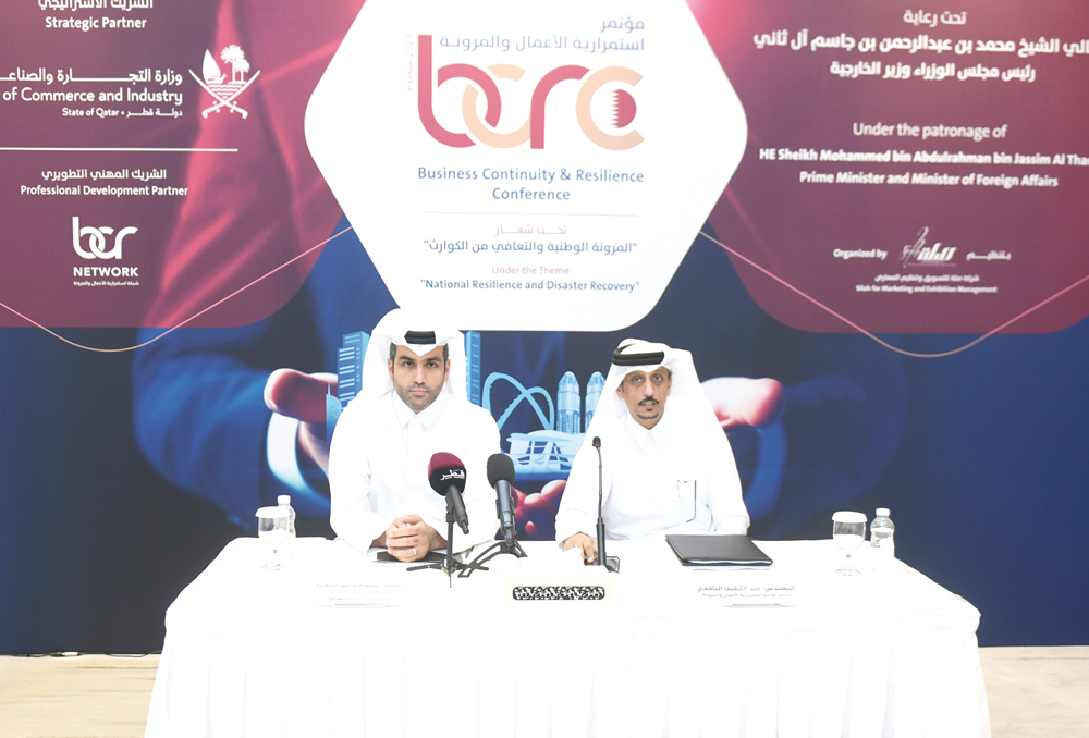 Director of the Public Relations and Communication Department at the Ministry of Commerce and Industry, Jassim Mohammed Al Naama (left) and President of the Business Continuity and Resilience Conference, Eng. Abdullatif Ali Al Yafei during the press conference, yesterday. PIC: AMR DIAB