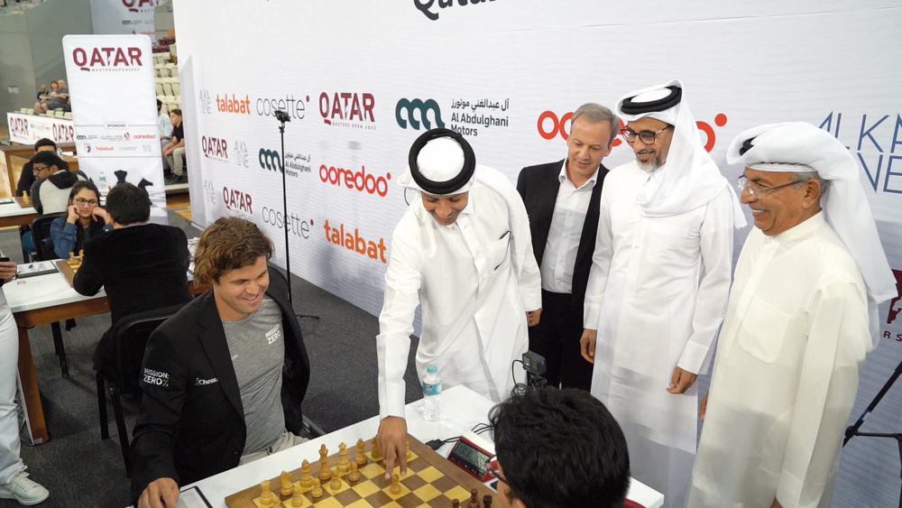 Minister of Sports and Youth H E Salah bin Ghanem Al Ali and Qatar Chess Association President Mohamed Al Mudahka during the opening match of the Qatar Masters 2023 between Magnus Carlsen (left) and Srihari LR, yesterday.