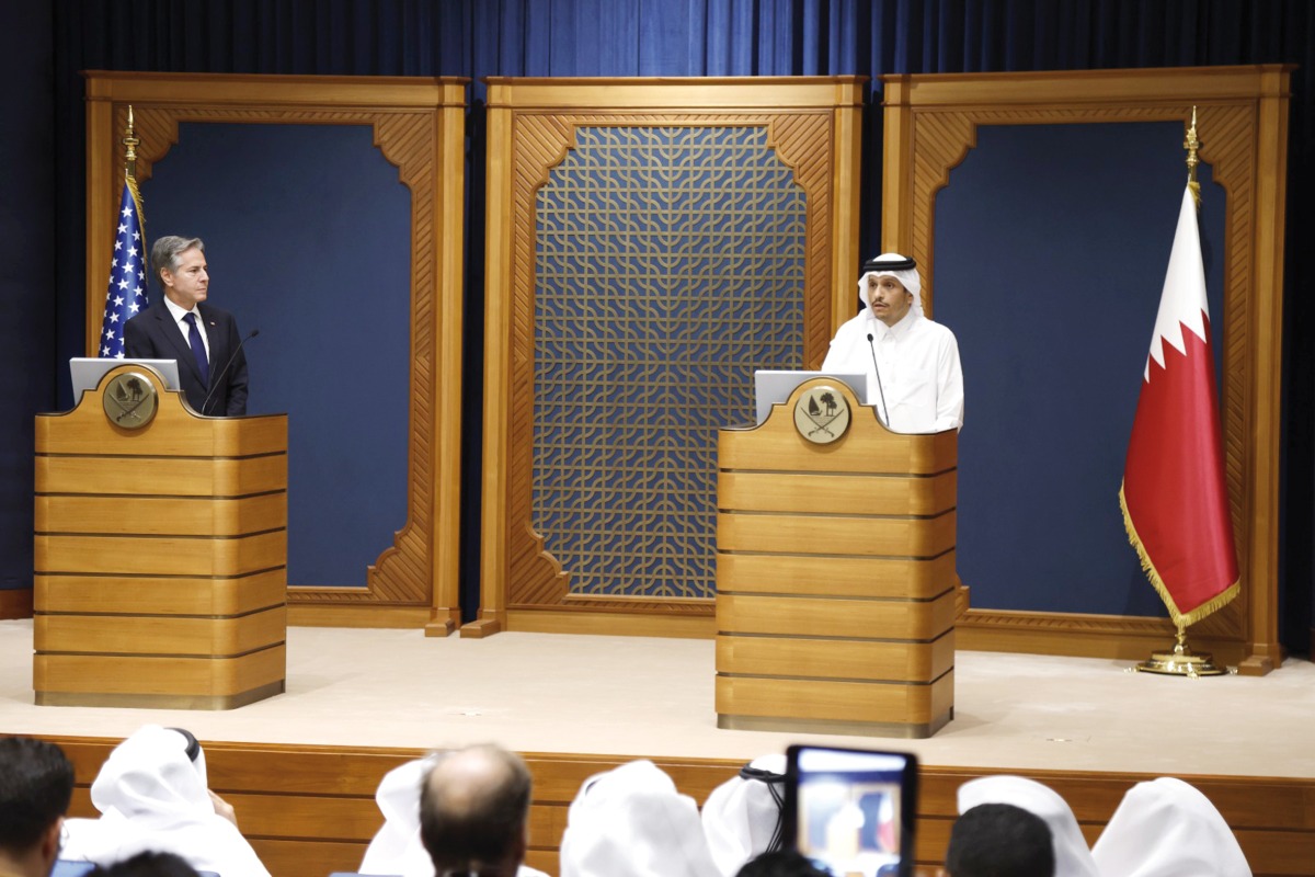 Prime Minister and Minister of Foreign Affairs H E Sheikh Mohammed bin Abdulrahman bin Jassim Al Thani and Secretary of State of the United States of America H E Antony Blinken addressing a joint press conference in Doha yesterday. PIC: Amr Diab