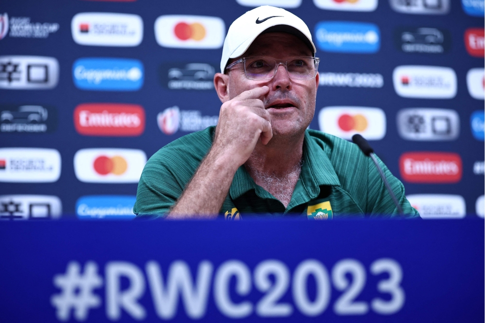 South Africa's head coach Jacques Nienaber holds a press conference at Roland Garros stadium in Paris on October 13, 2023, ahead of the France Rugby World Cup 2023 match against France. (Photo by Anne-Christine POUJOULAT / AFP)
