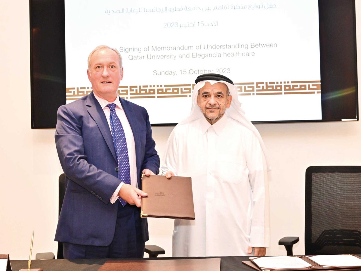 QU President Dr. Omar Al Ansari and the CEO of Elegancia Healthcare Joseph Hazel after the MoU signing.