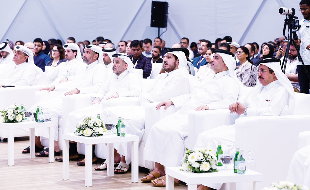 Minister of Municipality H E Dr. Abdulla bin Abdulaziz bin Turki Al Subaie (second right), Minister of Commerce and Industry H E Sheikh Mohammed bin Hamad Al Abdullah Al Thani (third right), Minister of Environment and Climate Change H E Sheikh Dr Faleh bin Nasser bin Ahmed bin Ali Al Thani (fifth right) and QU President Dr. Omar Al Ansari (fourth right) and other officials during the opening of the 6th International Conference ‘Entrepreneurship for Sustainability and Impact’ at the Cultural Zone, Expo 2023.   PIC: Rajan Vadakkemuriyil