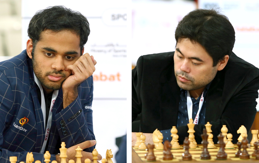 India’s Arjun Erigaisi (left) and America's Hikaru Nakamura during their matches yesterday.