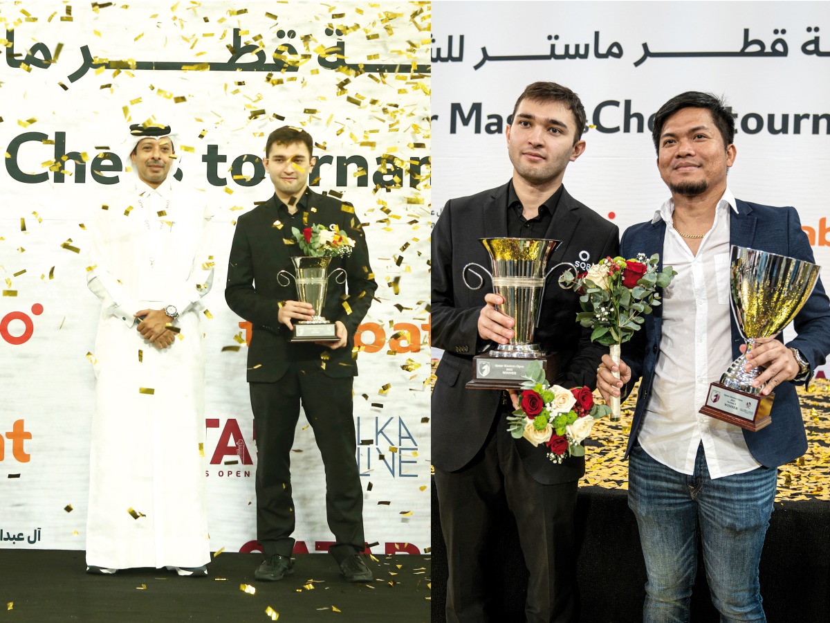 Qatar Chess Federation President Mohammed Al Mudahka with the Qatar Masters Open champion Nodirbek Yakubboev (left) and Qatar Masters Open winner Nodirbek Yakubboev (left) and Qatar Masters B Tournament winner Tolentino Rustum with their trophies.