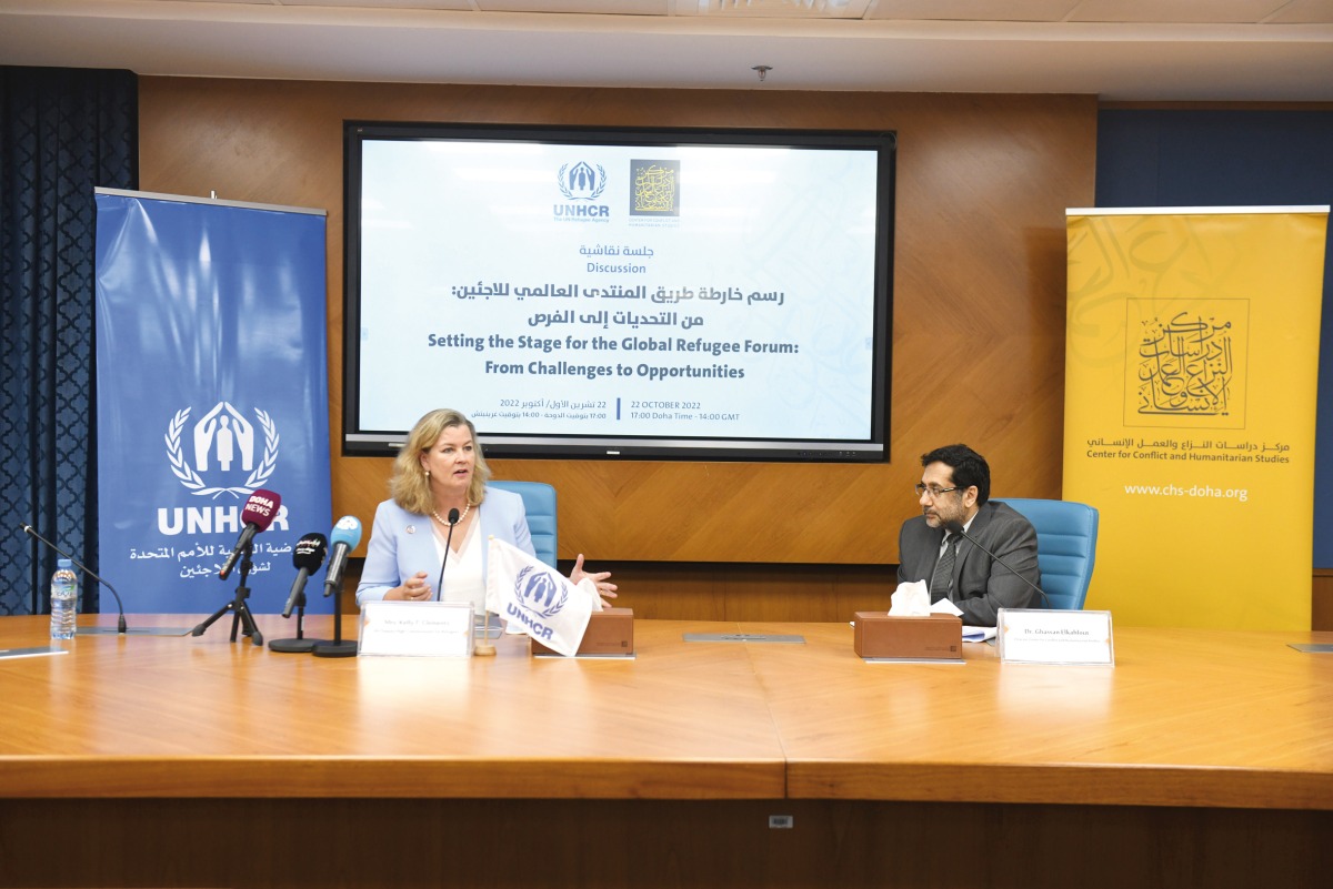 UN Deputy High Commissioner for Refugees UNHCR, Kelly Clements and Director of the Centre for Conflict and Humanitarian Studies, Ghassan Elkahlout during an event, yesterday.  PIC: Amr Diab
