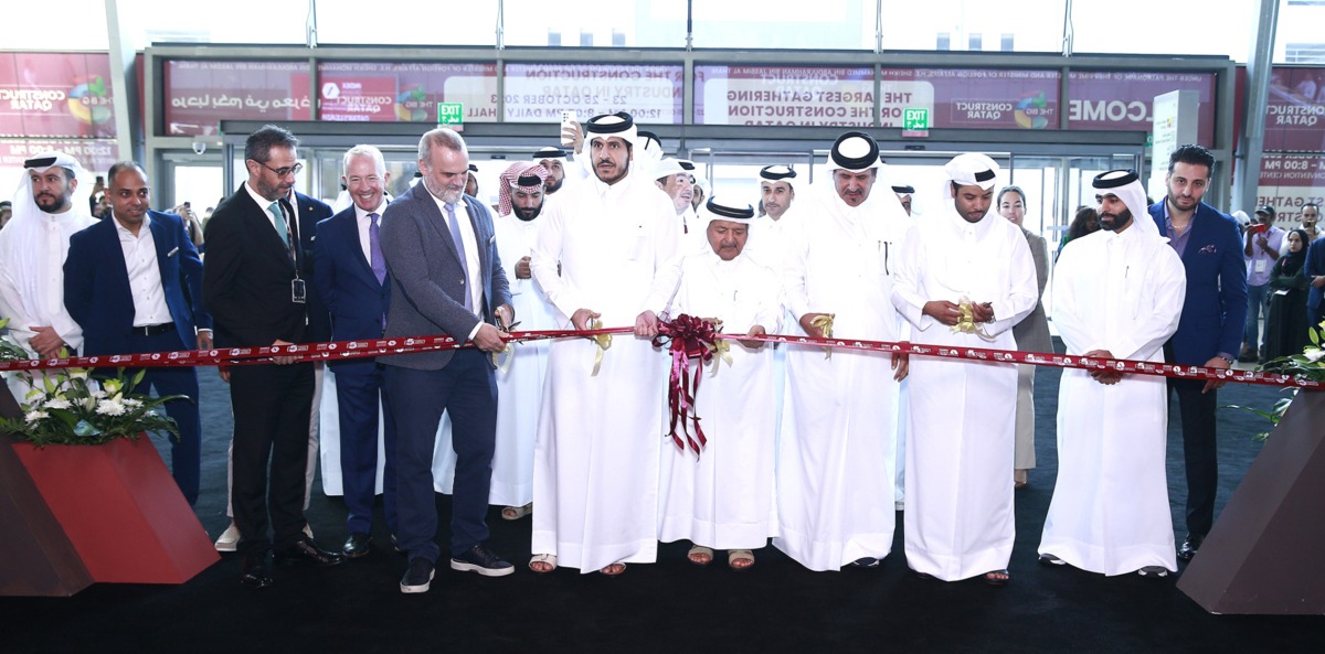 Minister of Commerce and Industry, H E Sheikh Mohammed bin Hamad bin Qassim Al Abdullah Al Thani; Chairman of Qatari Businessmen Association, Sheikh Faisal bin Qassim bin Faisal Al Thani; with other officials and dignitaries during the opening of Big 5 Construct Qatar and Index Design Qatar 2023 at DECC. Pic: Rajan Vadakkemuriyil