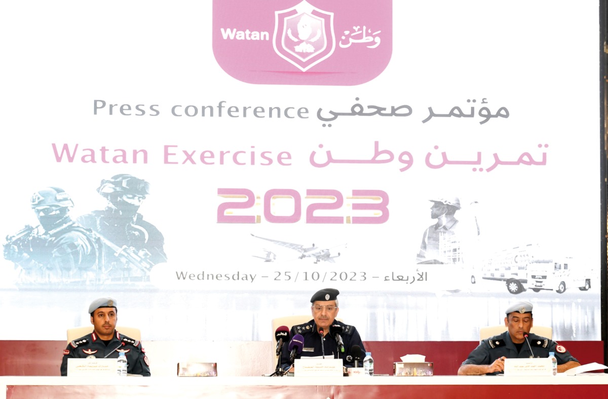 Brig. Abdullah Khalifa Al Muftah (centre), Staff Col. Mubarak Shareeda Al Kaabi (left) and Major Muhammed Ahmed Jaber Abdullah address a press conference to announce details of the Watan Exercise 2023. 