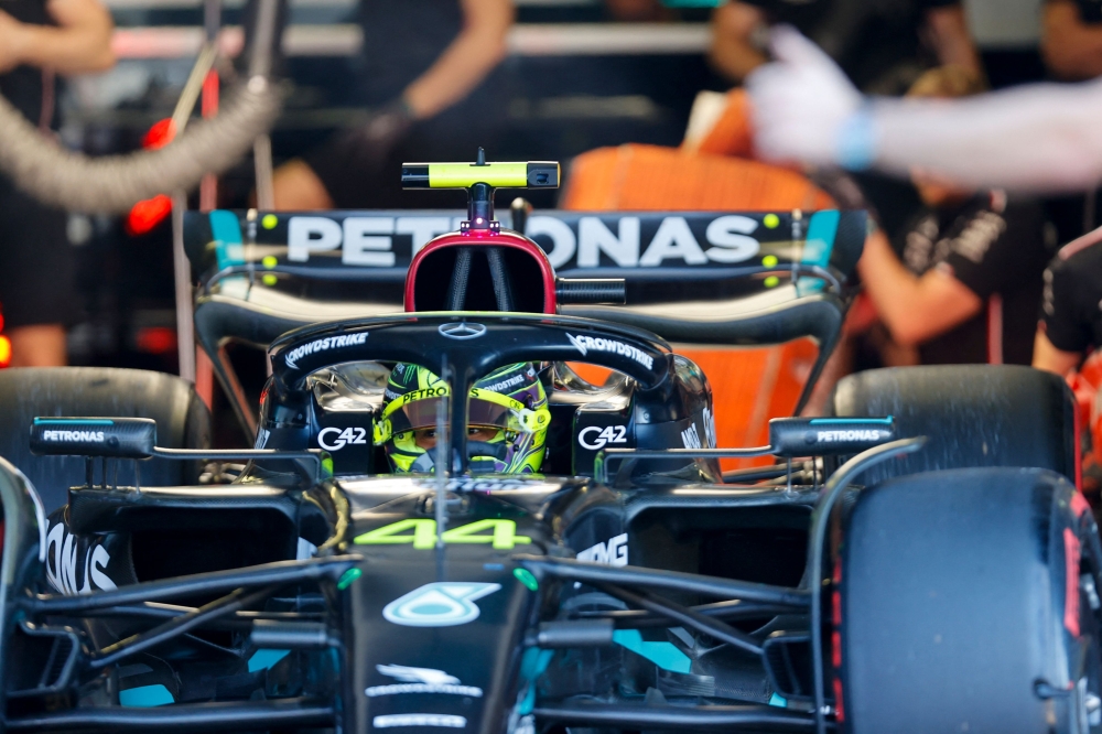 Mercedes' British driver Lewis Hamilton leaves the pit during the qualifying session session for the Formula One Mexico Grand Prix at the Hermanos Rodriguez racetrack in Mexico City on October 28, 2023. Photo by ANDRES STAPFF / POOL / AFP