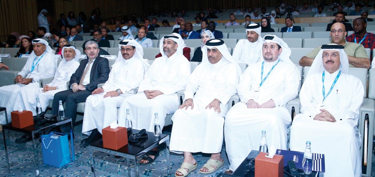 The Minister of Environment and Climate Change (fourth-right), former Minister of Energy and Industry H E Dr. Mohammed Saleh Abdulla Al Sada (fourth left) and other officials during the ICSEWEN opening day. Pics: Rajan Vadakkemuriyil
