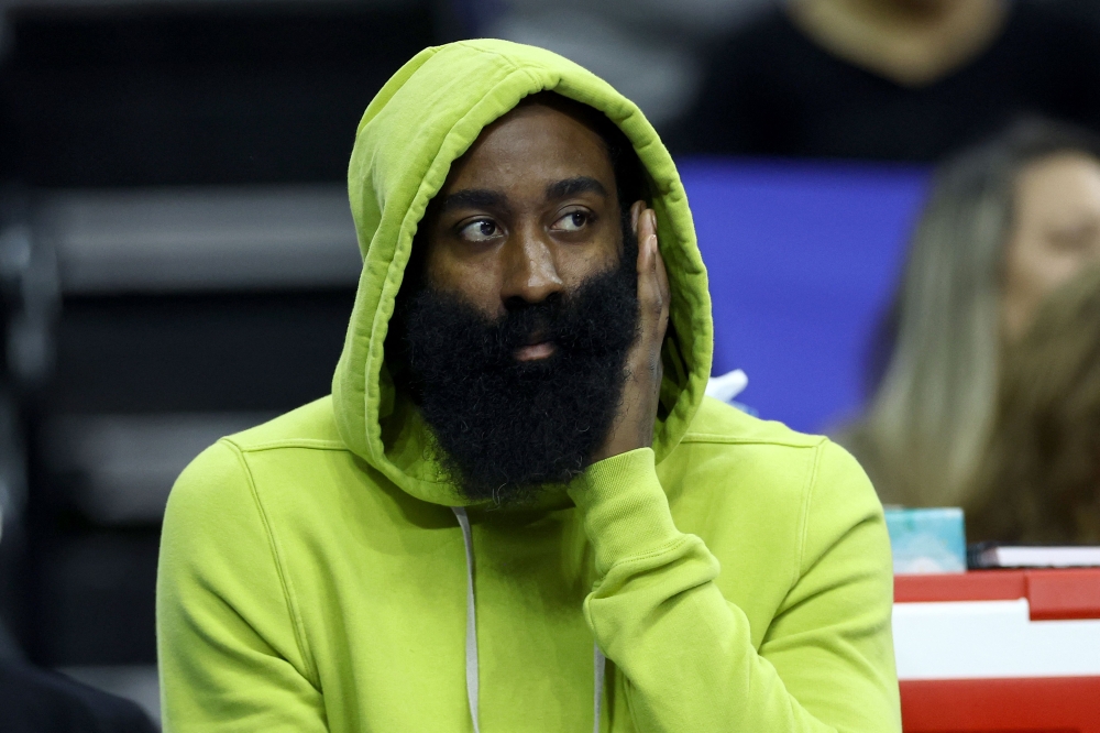 James Harden #1 of the Philadelphia 76ers looks on during the first quarter against the Portland Trail Blazers at Wells Fargo Center on October 29, 2023 in Philadelphia, Pennsylvania. (Photo by Tim Nwachukwu / GETTY IMAGES NORTH AMERICA / Getty Images via AFP)
