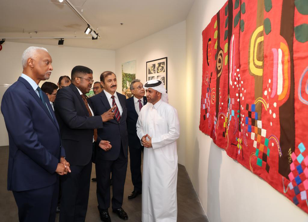 Katara General Manager, Prof. Dr. Khalid bin Ibrahim Al Sulaiti (right), along with Ambassador of Angola H E Antonio Coelho Ramos da Cruz (second left) and other ambassadors and officials during the opening of the “Angola — Land of Ancestors and Global Expression” exhibition.