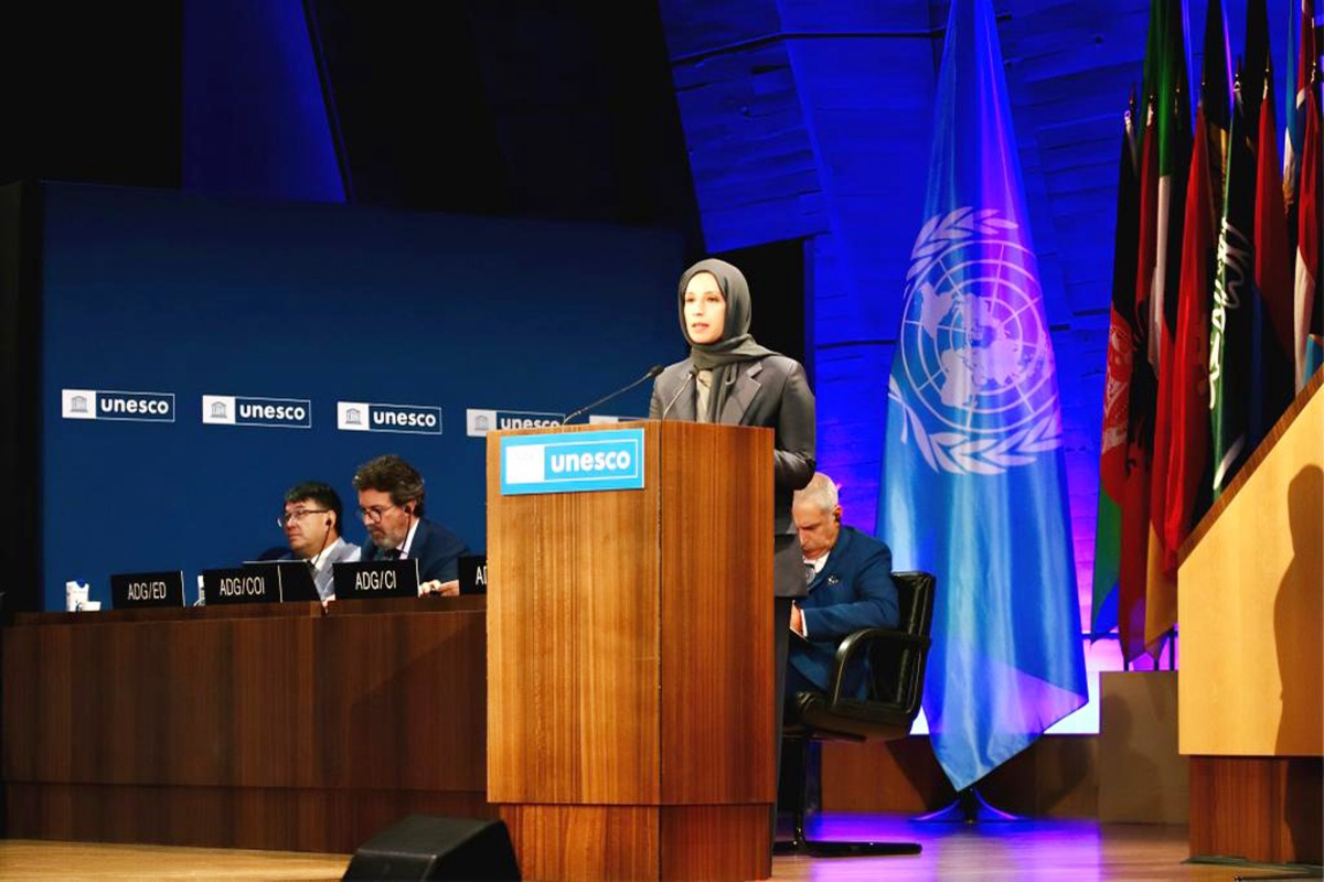 Minister of Education and Higher Education H E Buthaina bint Ali Al Jabr Al Nuaimi addressing the 42nd Unesco General Conference in Paris.