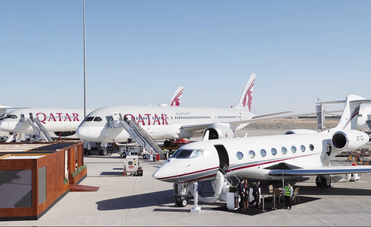 Qatar Airways aircraft are pictured on the tarmac during the 2023 Dubai Airshow at Dubai World Central - Al-Maktoum International Airport in Dubai yesterday.