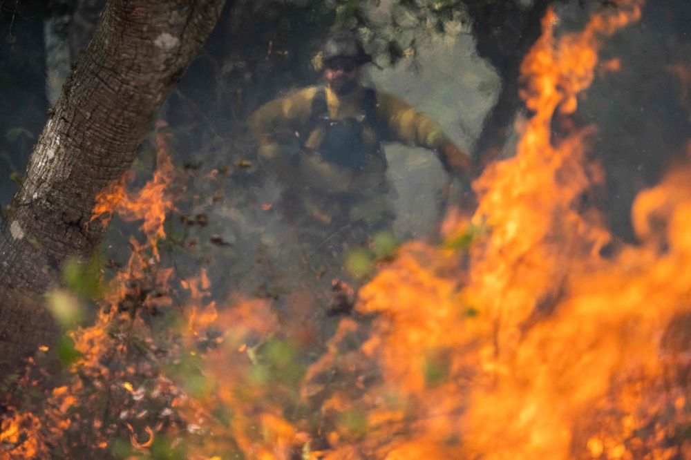 (Files) Alberto Bonilla, an environmental scientist with California State Parks, monitors a prescribed burn at Wilder Ranch State Park near Santa Cruz, California, on October 13, 2023. (Photo by Nic Coury / AFP)