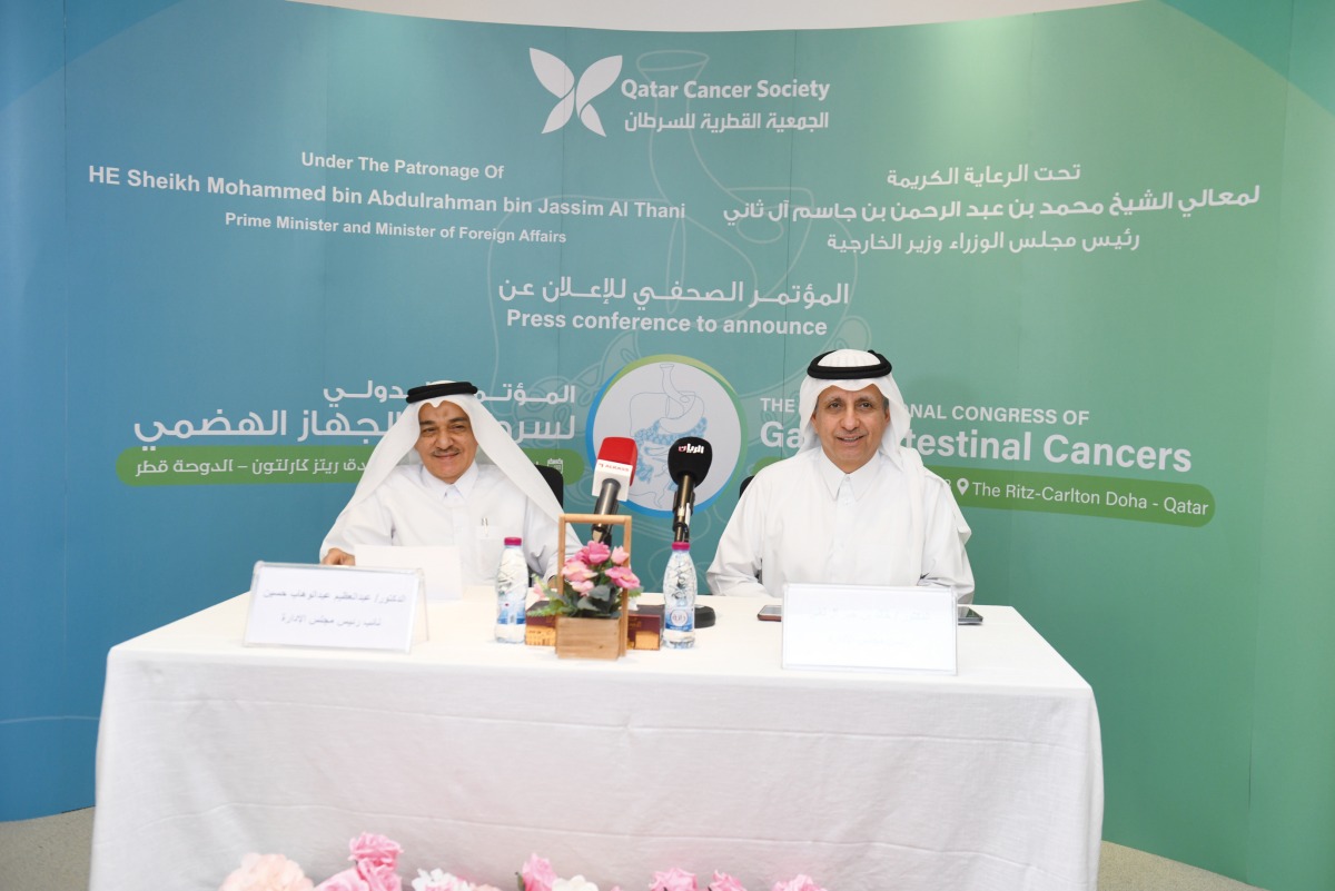 Chairman of QCS Sheikh Dr. Khalid bin Jabr Al Thani (right) and Vice Chairman of QCS Dr. Abdul Azim Abdul Wahab Hussein addressing a press conference yesterday. pic: Amr Diab