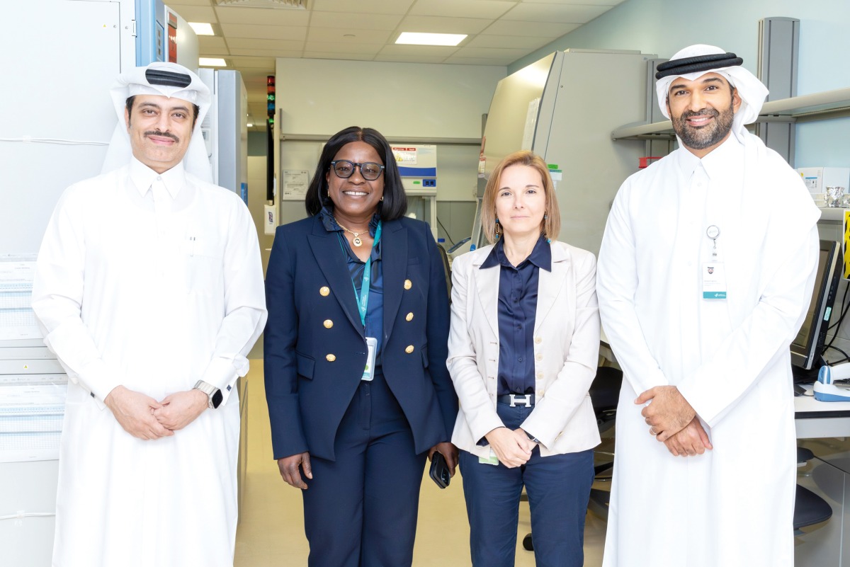 From left: Director of the Public Health Department at MoPH Sheikh Dr. Mohammed bin Hamad Al Thani, CEO of Sidra Medicine Dr. Iyabo Tinubu Karch, Director of the GMP facility Dr. Chiara Cugno and Chief Research Officer at Sidra Medicine Dr. Khalid Fakhro during the opening of the Good Manufacturing Practice facility, yesterday.