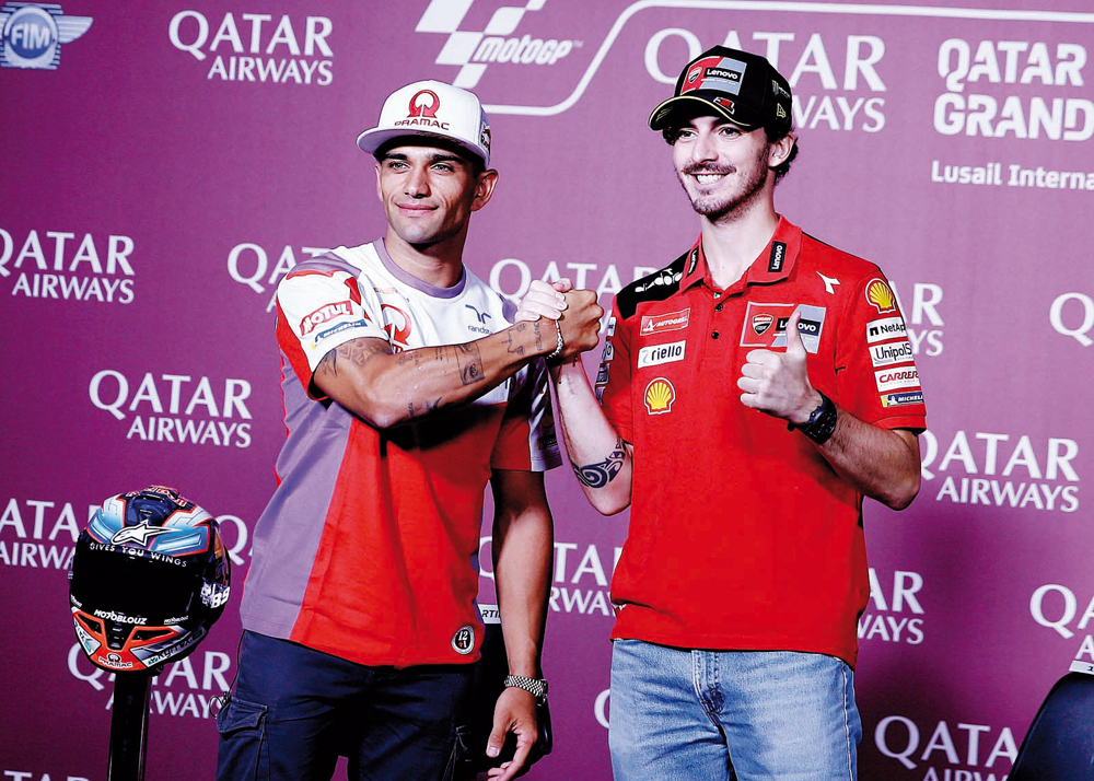 Reigning world champion Francesco Bagnaia (right) and Jorge Martin during a press conference held at the Lusail International Circuit, yesterday. Picture: Rajan Vadakkemuriyil