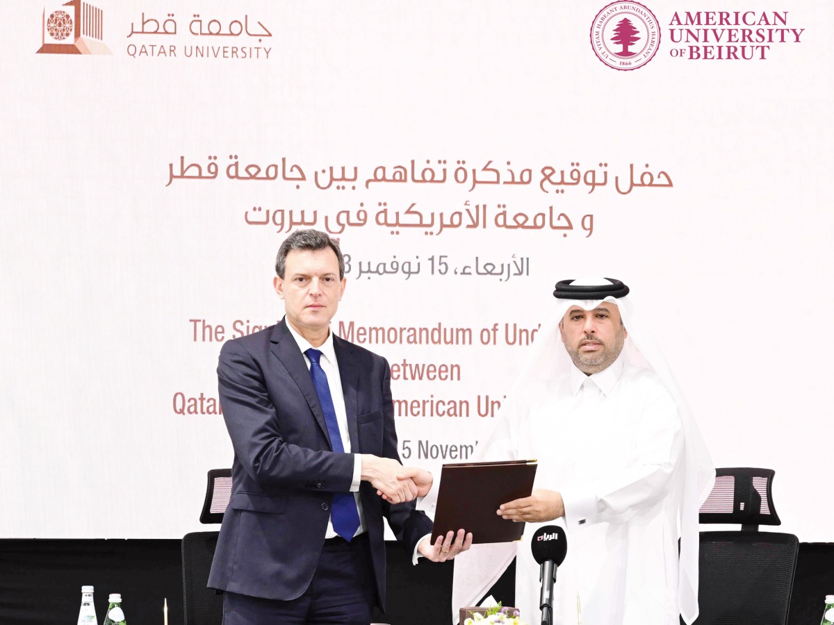 Dr. Ibrahim Al Kaabi, vice-president for academic affairs at QU, and Dr. Ammar Olabi, interim dean of the Faculty of Agricultural and Food Sciences at the AUB during the signing of the MoU.