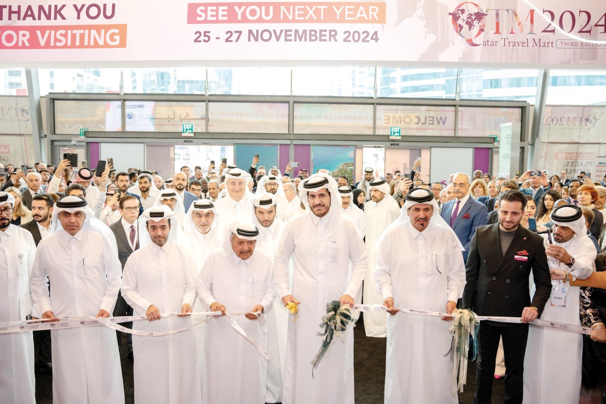 Minister of Commerce and Industry H E Sheikh Mohammed bin Hamad bin Qassim Al Abdullah Al Thani, H E Sheikh Faisal bin Qassim Al Thani and Qatar Tourism Chairman H E Saad bin Ali Al Kharji along with other officials at the opening of Qatar Travel Mart, yesterday.