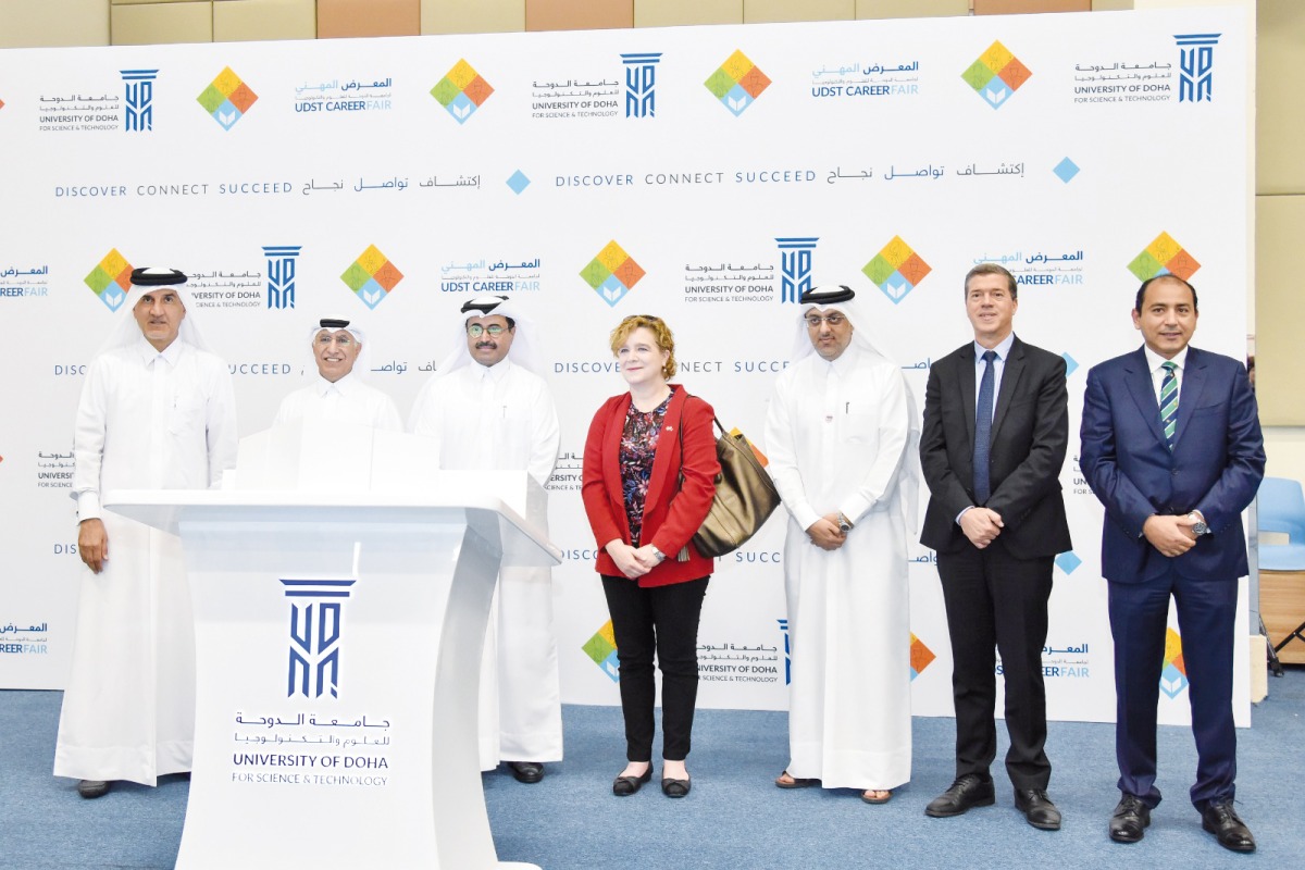 H E Dr. Mohammed bin Saleh Al Sada (third left), Chairman of UDST’s Board of Trustees and former Minister of Energy and Industry; Dr. Salem Al Naemi (second left), President of University of Doha for Science and Technology and H E Isabelle Martin (centre),  Ambassador of Canada to Qatar along with high-ranking UDST officials and dignitaries.