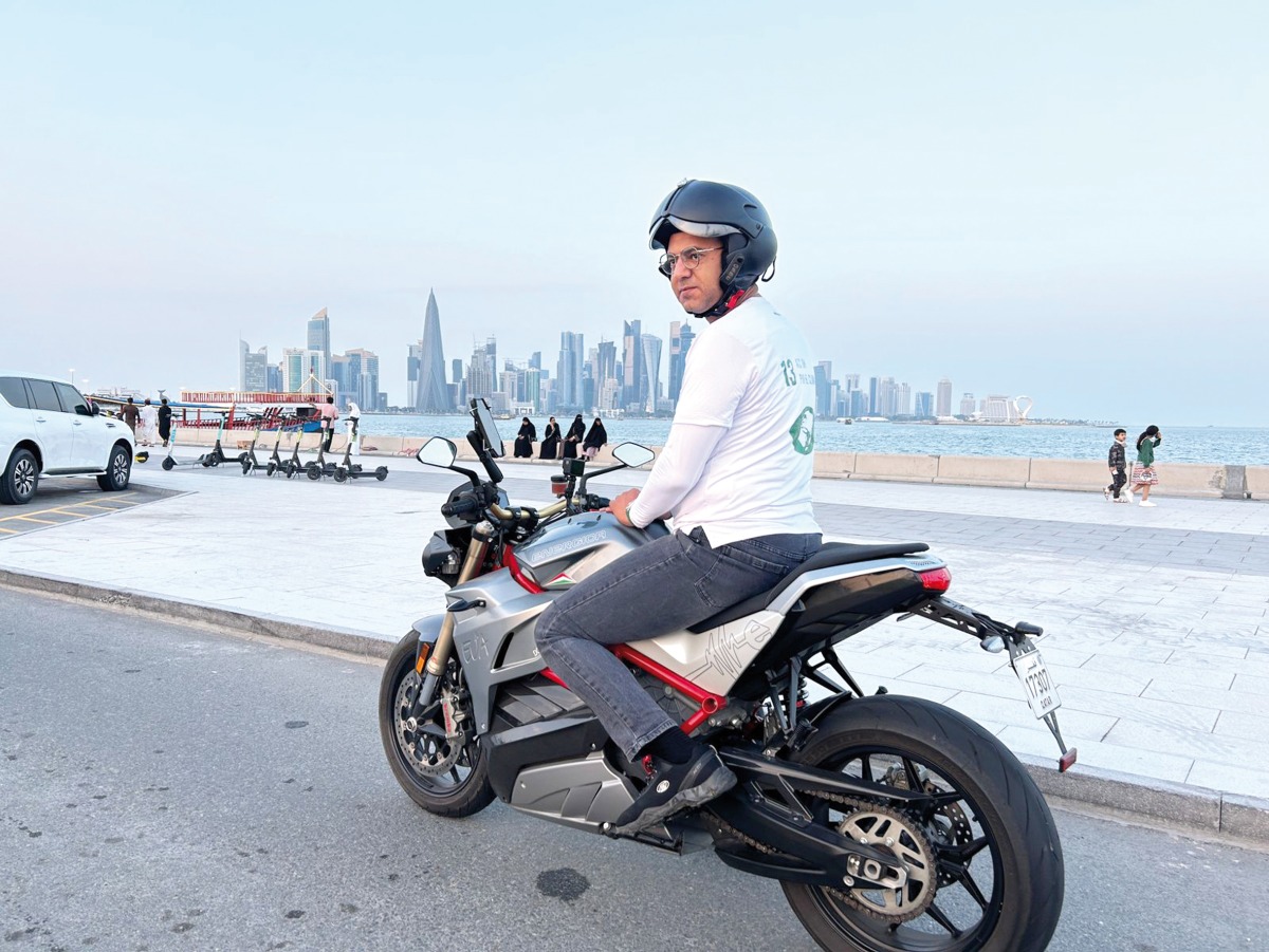 Abdo on his electric bike in Doha as he embarks on a journey across eight Arab nations to raise awareness about climate change leading up to COP28.