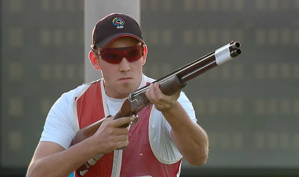 Denmark's Emil Kjelgaard Petersen in action during the final of men’s skeet at the ISSF World Cup Finals underway at Lusail Shooting Range.  