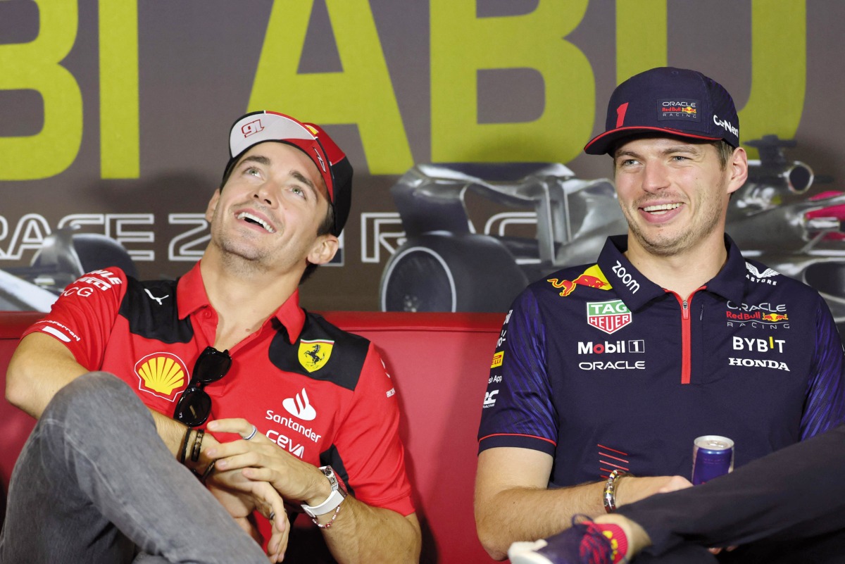 Ferrari’s Monegasque driver Charles Leclerc (left) and Red Bull Racing’s Dutch driver Max Verstappen attend a press conference in Abu Dhabi yesterday. AFP