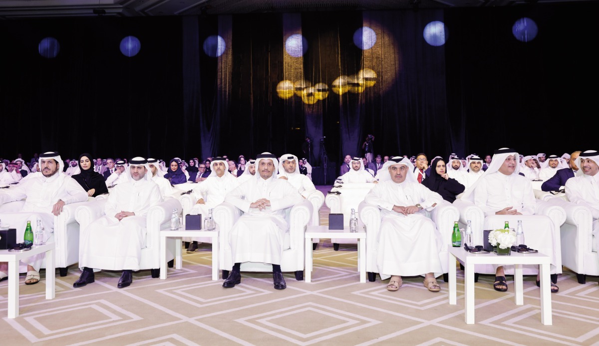 Prime Minister and Minister of Foreign Affairs H E Sheikh Mohammed bin Abdulrahman bin Jassim Al Thani, Minister of Finance H E Ali bin Ahmed Al Kuwari, Minister of Commerce and Industry H E Sheikh Mohammed bin Hamad bin Qassim Al Abdullah Al Thani, Minister of Communications and Information Technology Mohammed bin Ali bin Mohammed Al Mannai, Governor of Qatar Central Bank H E Sheikh Bandar bin Mohammed bin Saoud Al Thani with other officials at the launch yesterday.