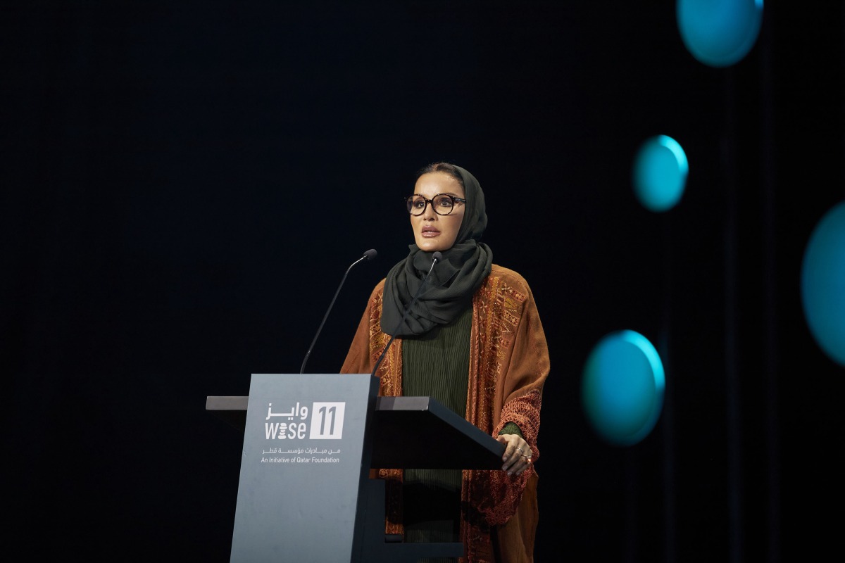 Chairperson of Qatar Foundation H H Sheikha Moza bint Nasser addressing the opening plenary session of 11th edition of WISE summit yesterday.