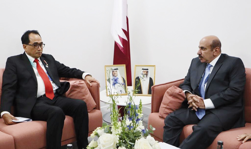 Minister of Transport H E Jassim Saif Ahmed Al Sulaiti with Minister of Transportation of the Republic of Indonesia H E Budi Karya Sumadi during their meeting in London yesterday.