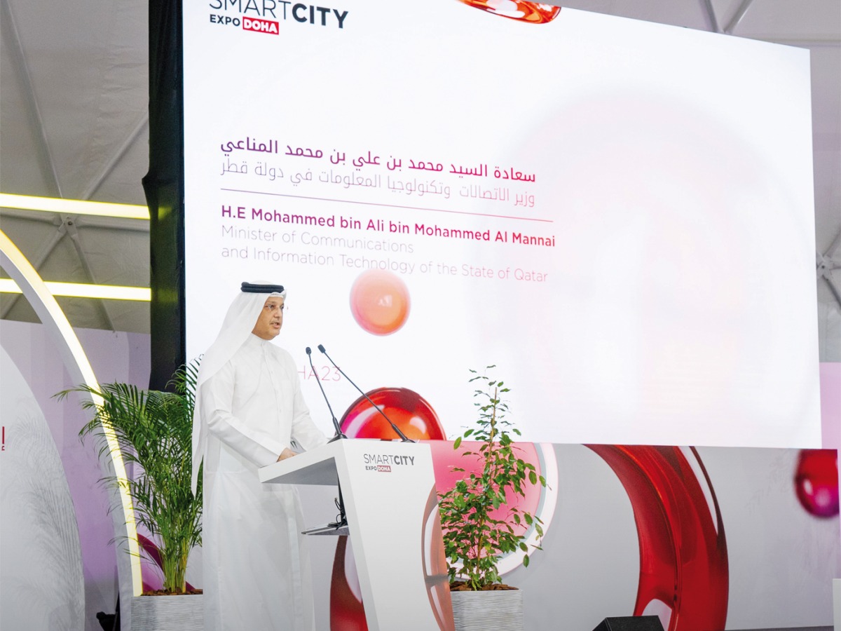 Minister of Communications and Information Technology H E Mohammed bin Ali Al Mannai addressing the gathering at the Smart City Expo Doha 2023 launch.