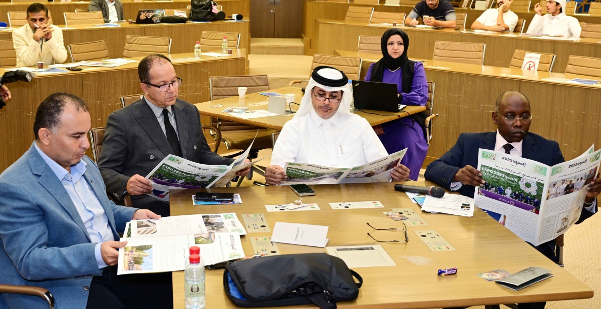 Assistant Professor of Media Dr. Khalid Al-Shafi (second right), Dr. Kamal Hamidou (second left), Associate Professor Dr. Mohamed Elamin Musa (first right), Dr. Mohammed Siddiq (first left), and Assistant Professor Dr. Eiman Eissa (back) evaluating the 'Expona 2023' graduation project.