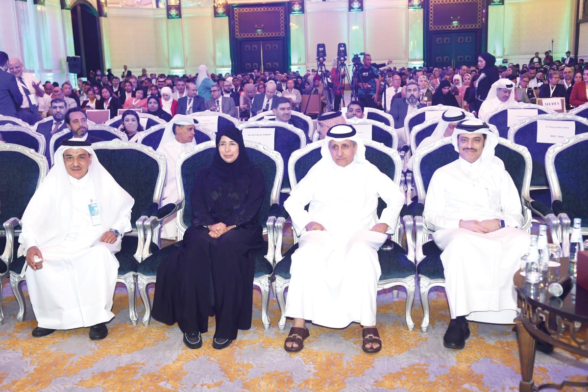 Minister of Public Health H E Dr. Hanan Mohamed Al Kuwari along with other dignitaries take part in the International Congress of Gastrointestinal Cancers 2023, yesterday.