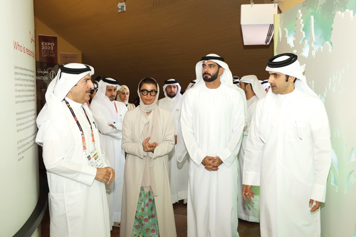 Minister of Culture H E Sheikh Abdulrahman bin Hamad Al Than (first right), Minister of State at the Ministry of Foreign Affairs of the UAE H E Noura bint Mohammed Al Kaabi (centre), and other officials touring the Expo 2023 Doha yesterday.