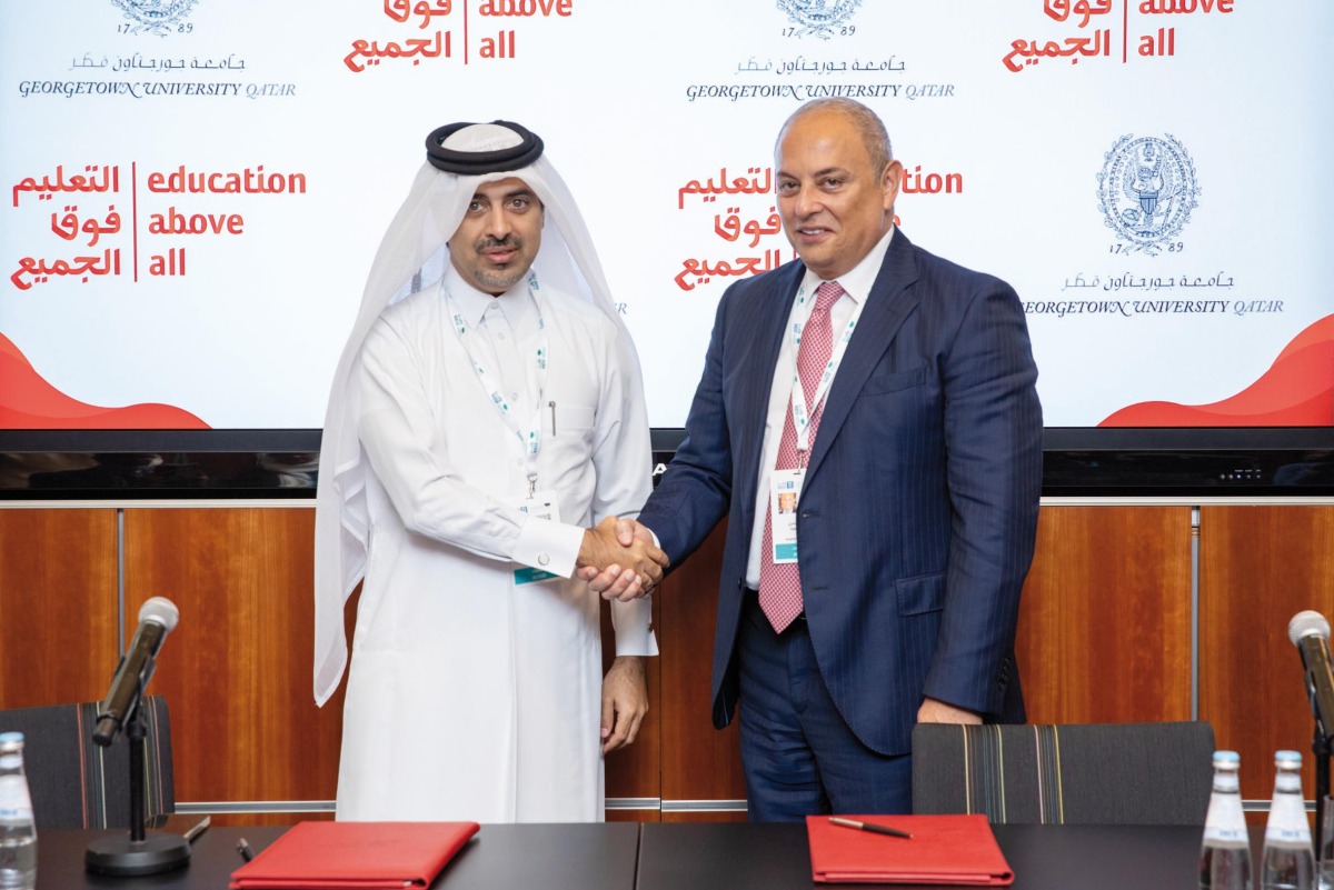 Dr. Safwan Masri, Dean of GU-Q, and Dr. Maleiha Malik, Executive Director of Protect Education in Insecurity and Conflict at EAA, during the signing ceremony, yesterday.