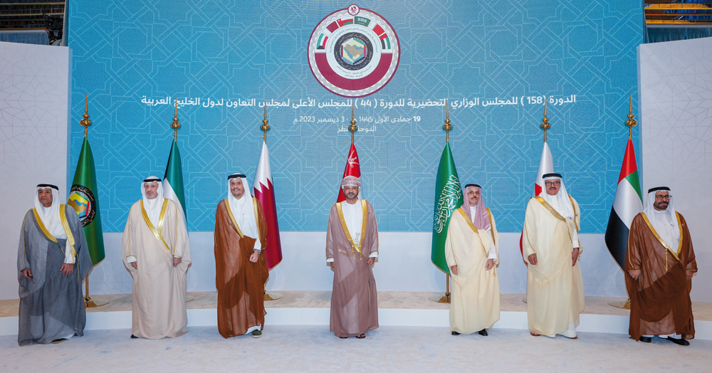 Prime Minister and Minister of Foreign Affairs H E Sheikh Mohammed bin Abdulrahman bin Jassim Al Thani with Their Excellencies Foreign Ministers of GCC countries during the meeting of 158th Session of the Preparatory Ministerial Council for the 44th Session of GCC Supreme Council in Doha, yesterday. 