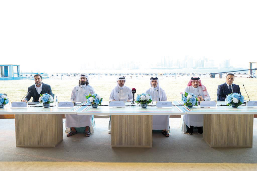 Cultural Village Foundation, Katara General Manager, Prof. Dr. Khalid bin Ibrahim Al Sulaiti (third left), along with Zoom Arts & Events Manager, Naseem Elhousseini (left); Nasser Bin Khaled Managing Director, Sheikh Faisal bin Nawaf Al Thani (second left); Tournament Director, Bader Al Darwish (third right); Ahli Bank Deputy CEO Business Support, Services and HR, Mohamed Mousa Al Namla (second right); and Ali Bin Ali Marketing Manager, Nader Salameh (right) during the press conference at the Old Doha Port yesterday.