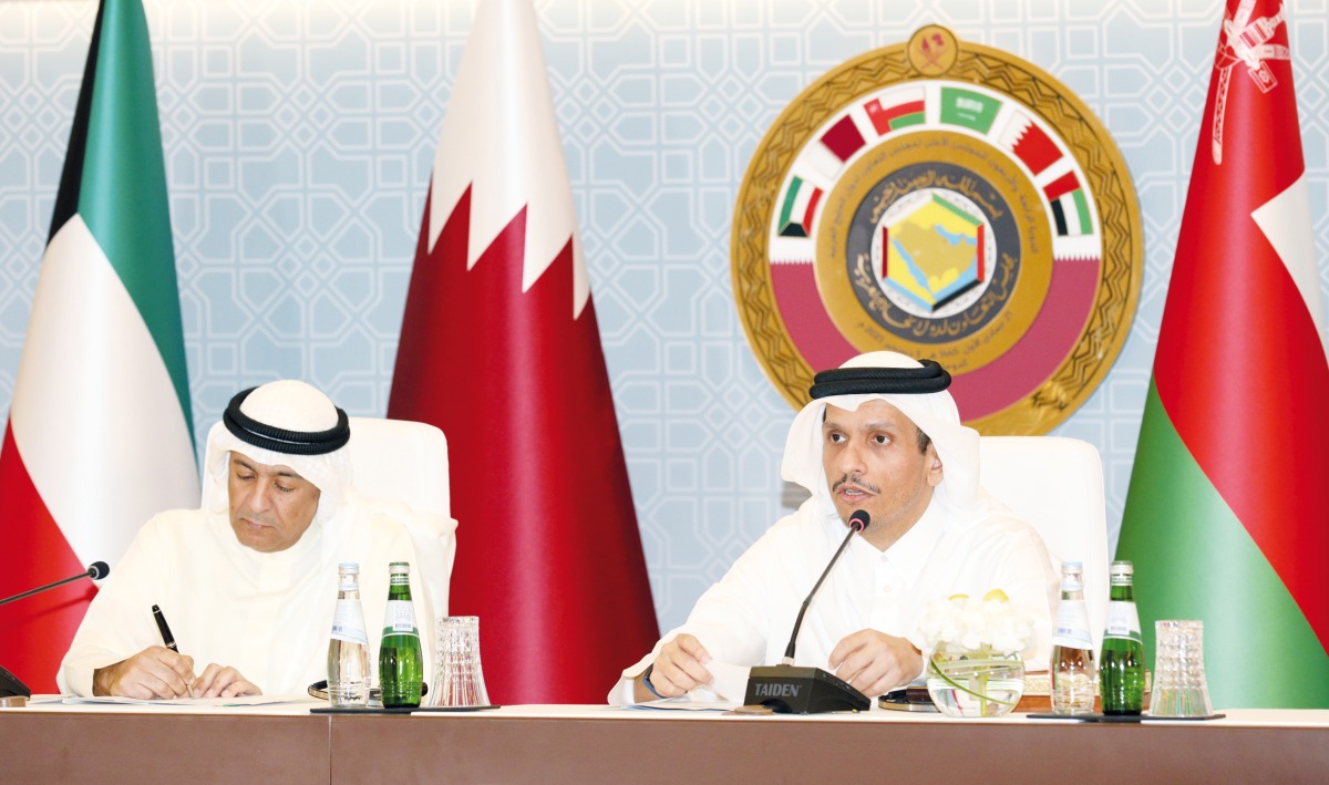 Prime Minister and Minister of Foreign Affairs H E Abdul Rahaman bin Jassim Al Thani (right) with GCC Secretary-General of  H E Jassim Mohammed Al Budawi during a joint press conference at Sheraton Doha, yesterday. Pic: Salim Matramkot/The Peninsula.