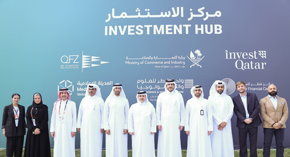 Minister of Commerce and Industry H E Sheikh Mohammed bin Hamad bin Qassim Al Thani, Minister of Municipality and Chairman of the national committee for hosting the Horticultural Expo 2023 Doha H E Dr Abdullah bin Abdulaziz bin Turki Al Subaie with other officials at the inauguration of the Investment Hub Pavilion at Expo 2023 Doha.