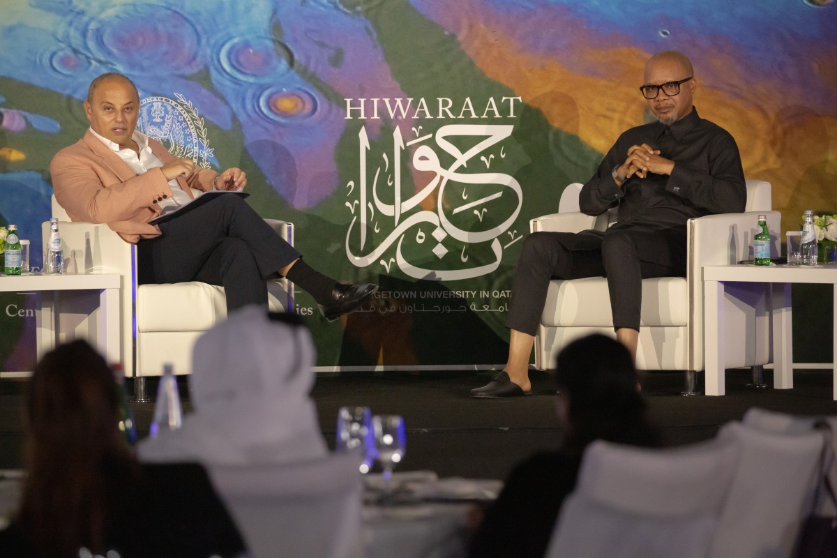 Dean of GU-Q, Dr. Safwan Masri and Victor Ehikhamenor, a Nigerian-American visual artist, during a session at ‘Global Energy Cultures’ forum yesterday.